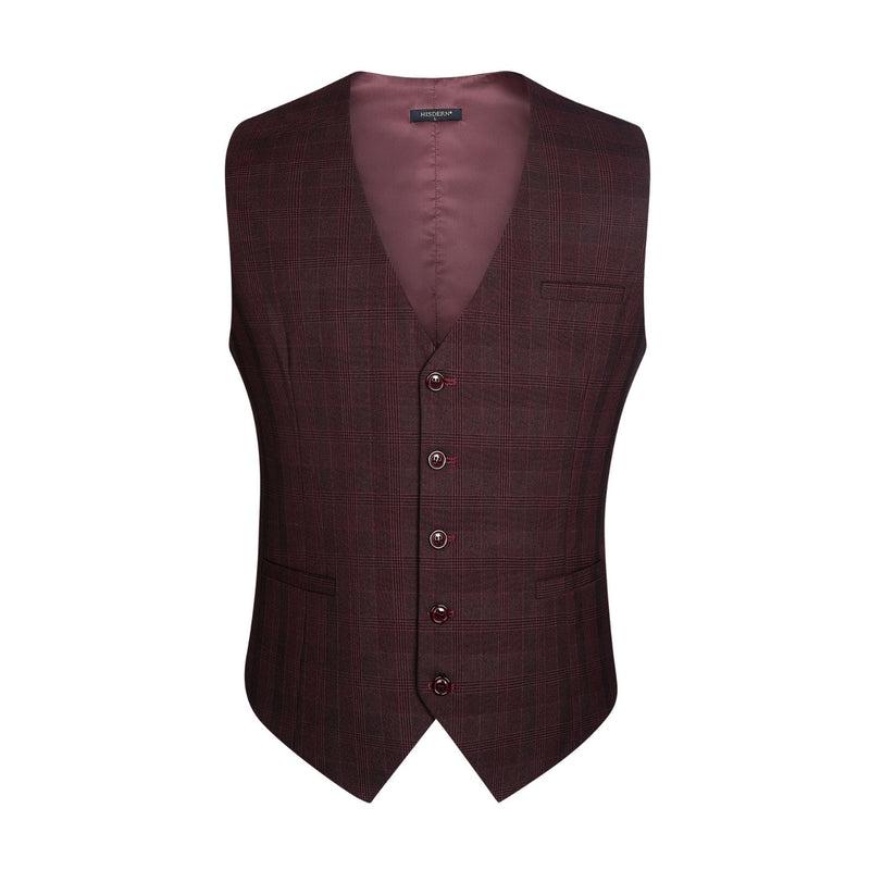 Plaid Slim Suit Vest - A-RED MARRON