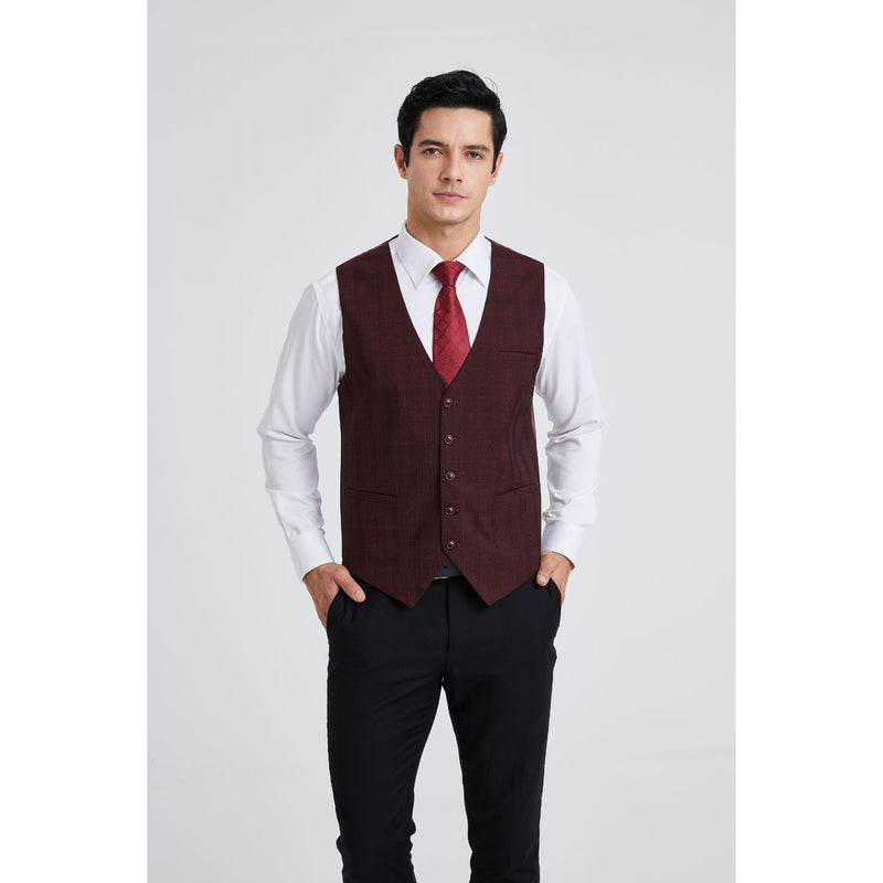 Plaid Slim Suit Vest - A-RED MARRON