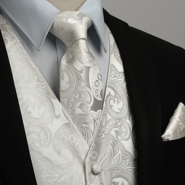 Paisley Floral 3pc Suit Vest Set - WHITE BEIGE