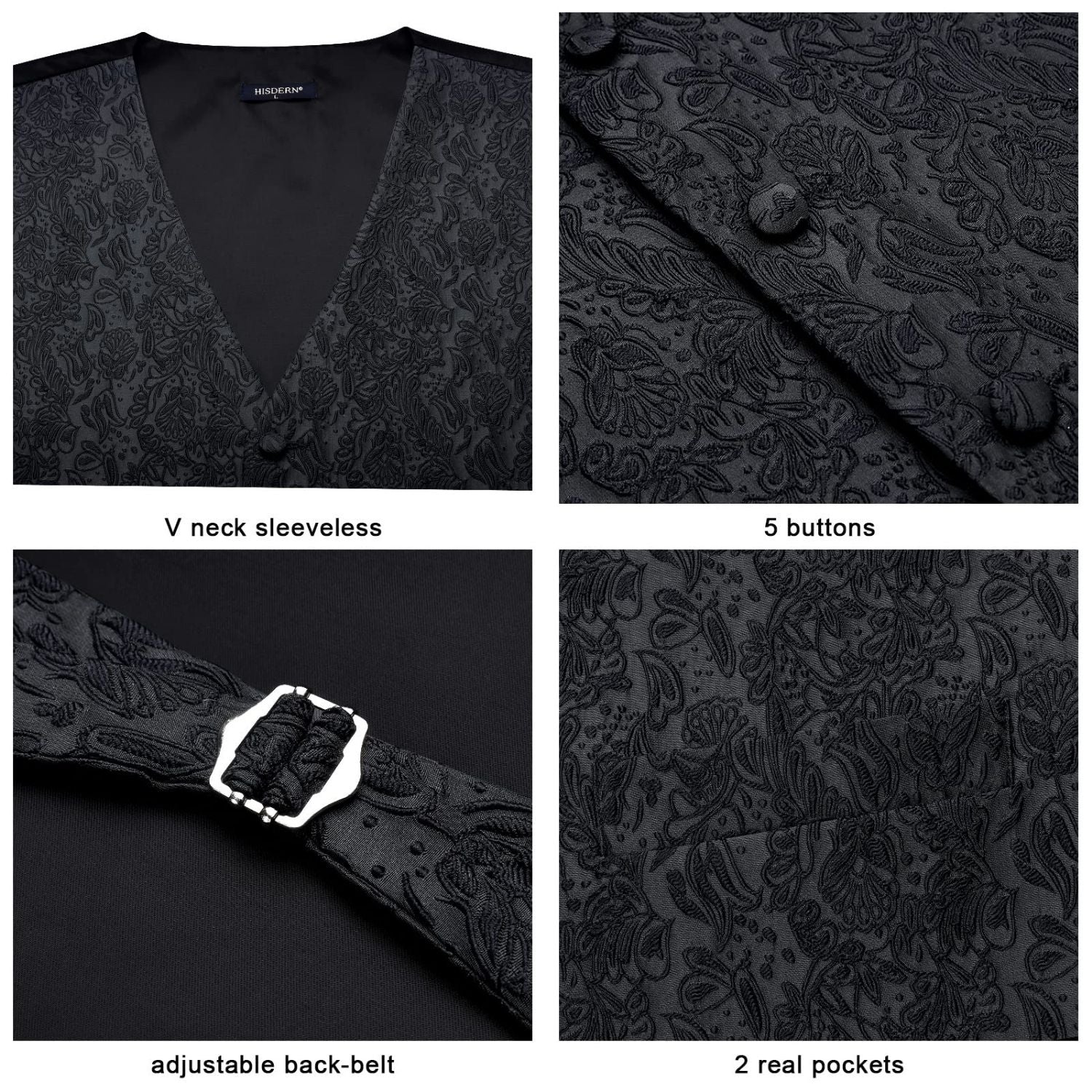 Hisdern Men's Black Paisley Vest Tie Set For Weddings