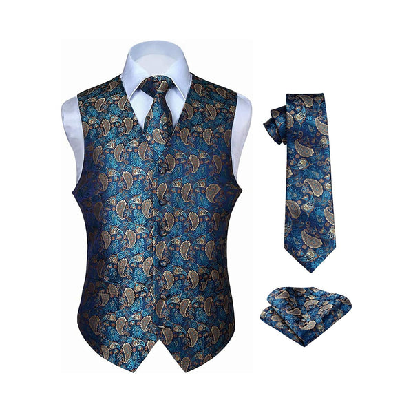 Paisley 3pc Suit Vest Set - F NAVY BLUE / BROWN