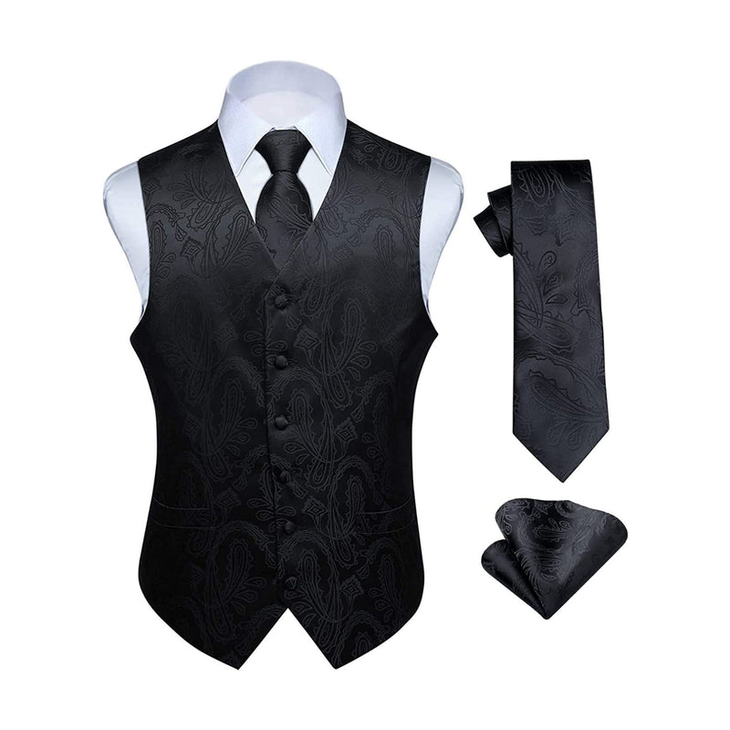 Paisley Suit Vest Tie Handkerchief Set - BLACK - 3