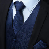 Paisley Suit Vest Tie Handkerchief Set - Navy Blue