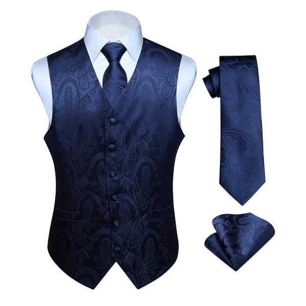 Paisley Suit Vest Tie Handkerchief Set - Navy Blue