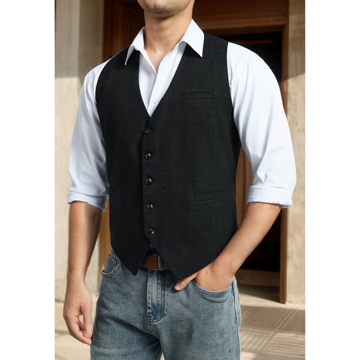 Men's Herringbone Tweed Vest - BLACK