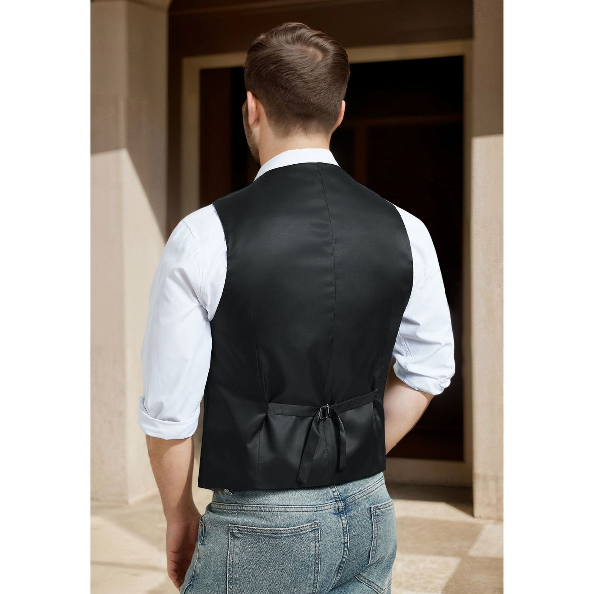 Men's Herringbone Tweed Vest - BLACK