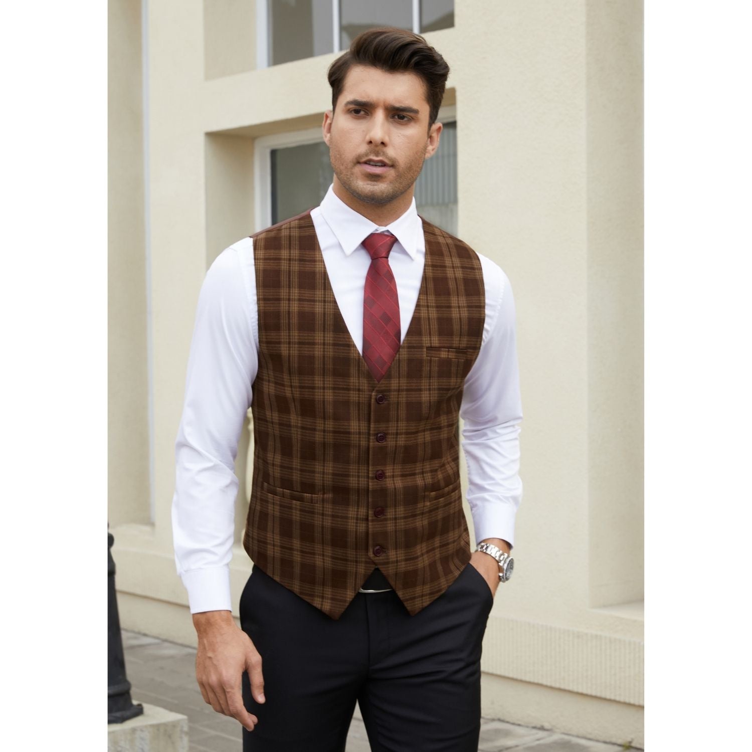 Hisdern Men's Brown Plaid Wedding Vest For Skinny Guys