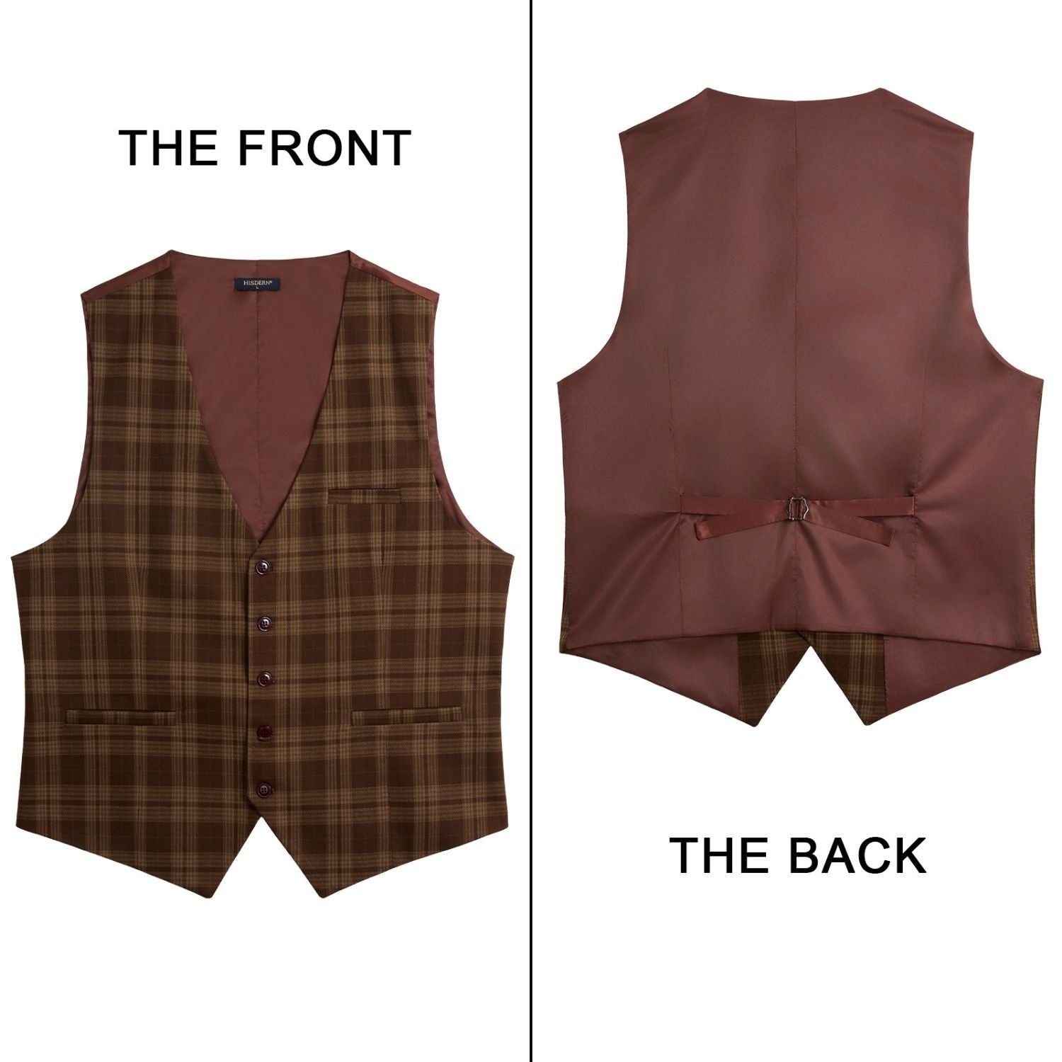 Hisdern Men's Brown Plaid Wedding Vest For Skinny Guys