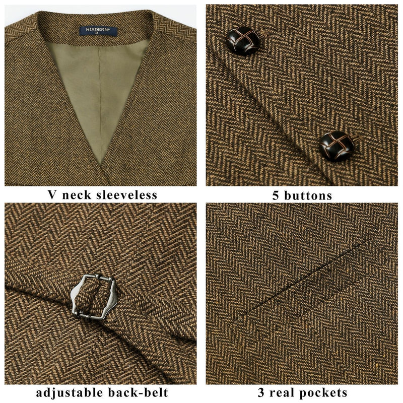 Men's Herringbone Tweed Vest - A-BROWN