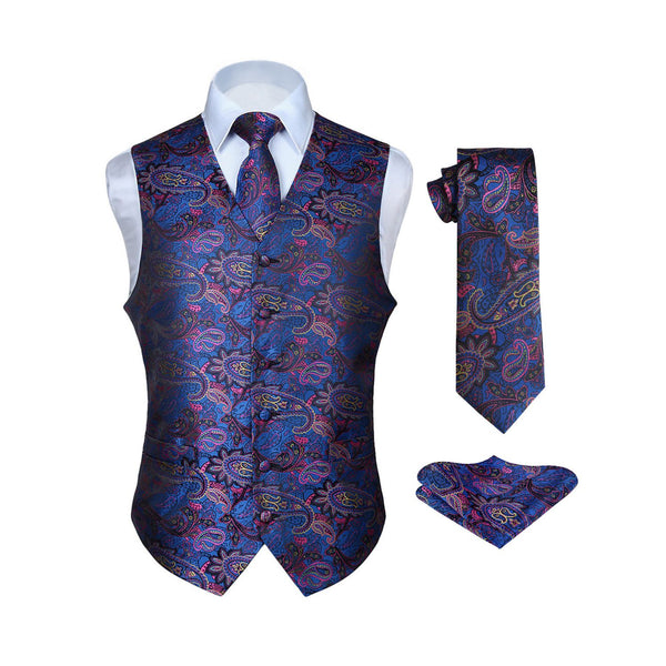 Paisley Suit Vest Tie Handkerchief Set - BLUE & PINK