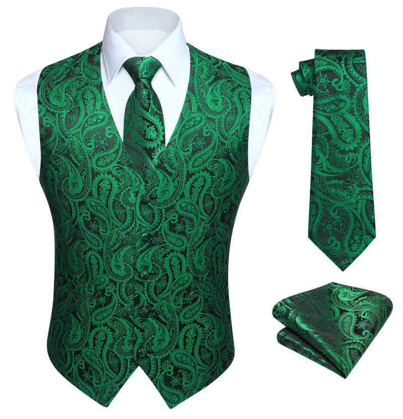 Paisley Vest Tie Handkerchief Set - GREEN