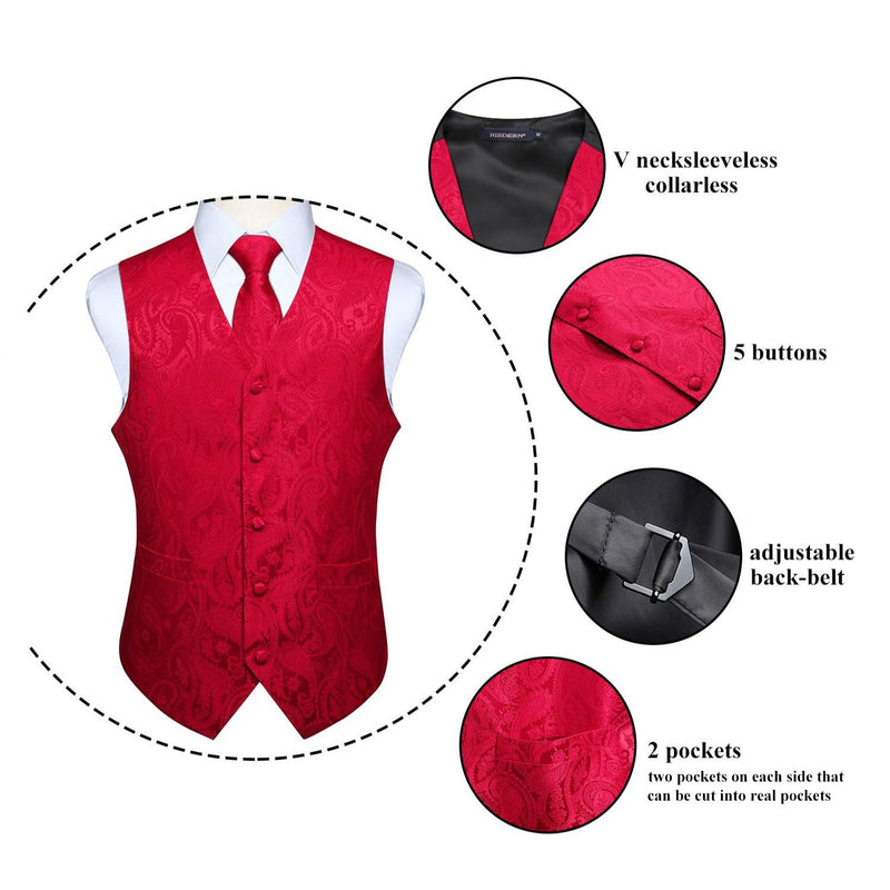 Paisley Suit Vest Tie Handkerchief Set - RED