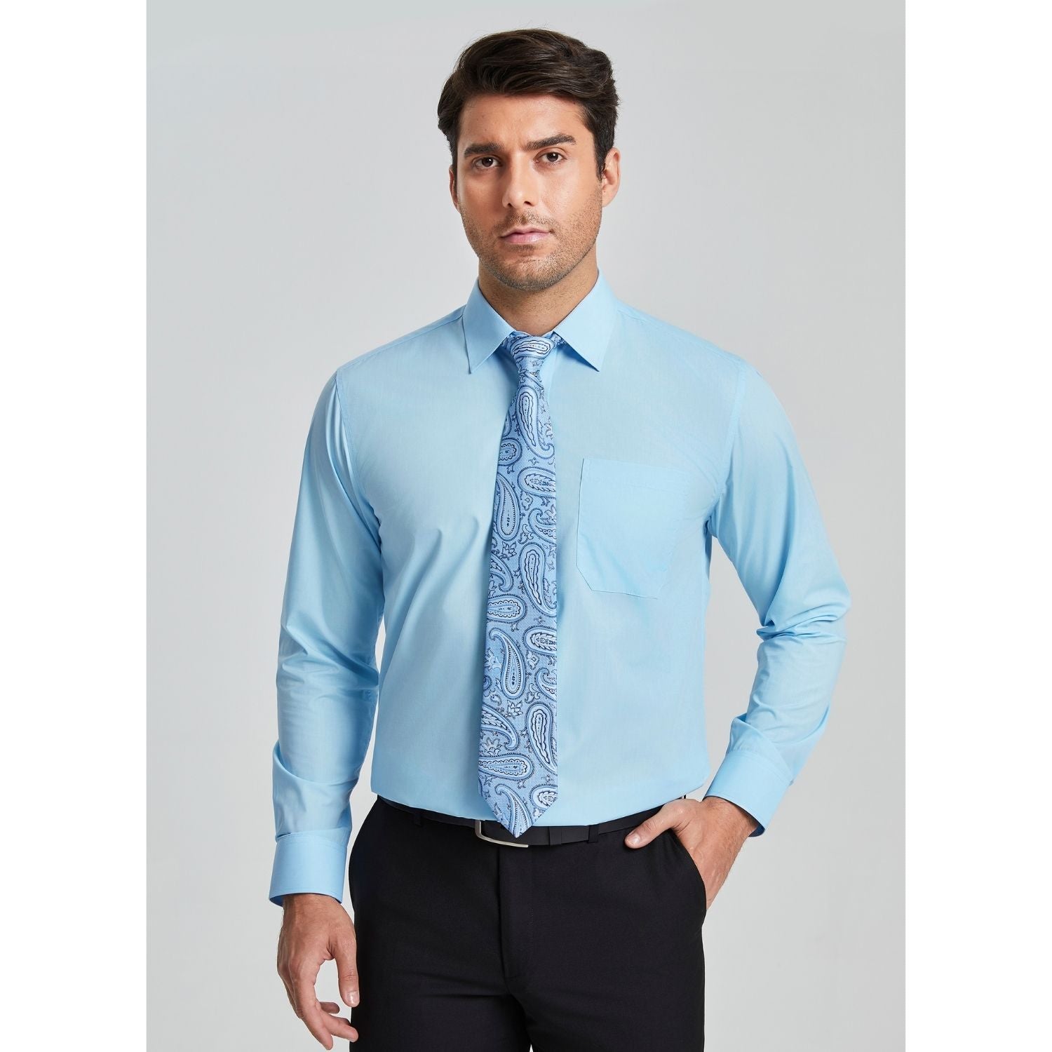 Hisdern Wrinkle-resistant Light Blue Dress Shirt and Paisley Tie