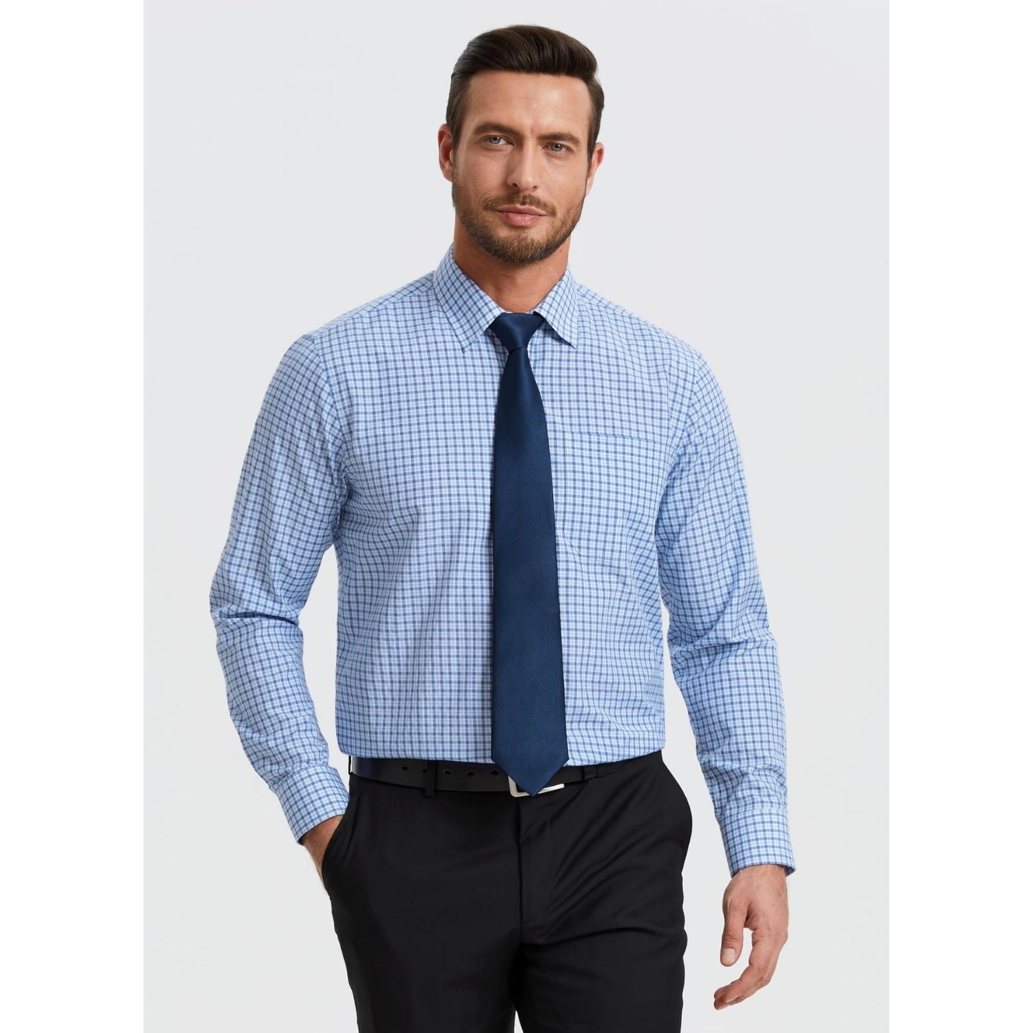 Hisdern Men's Business Blue Plaid Dress Shirt and Matching Solid Tie