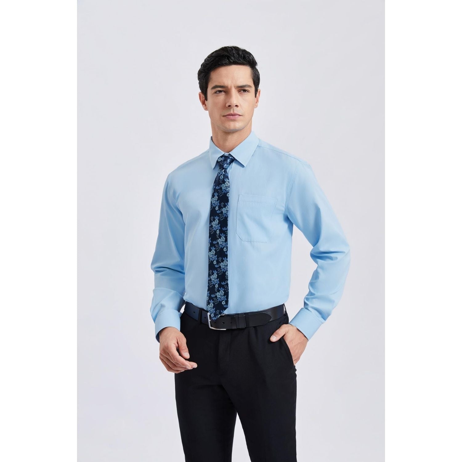 powder blue shirt and tie