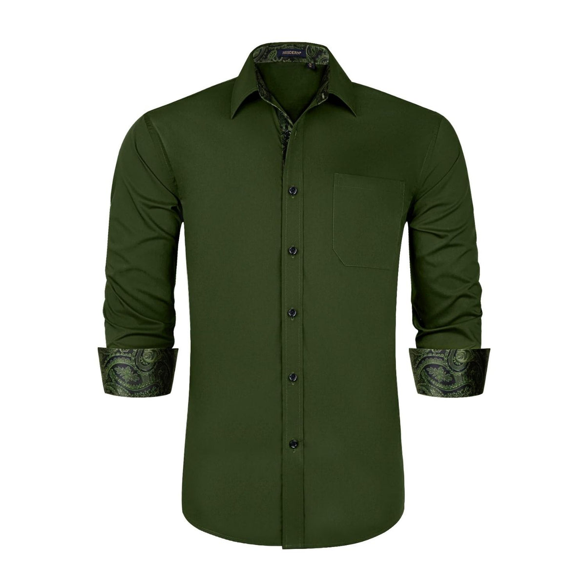 Hisdern Men's Army Green Splicing Dress Shirt For Office Wear 2XL