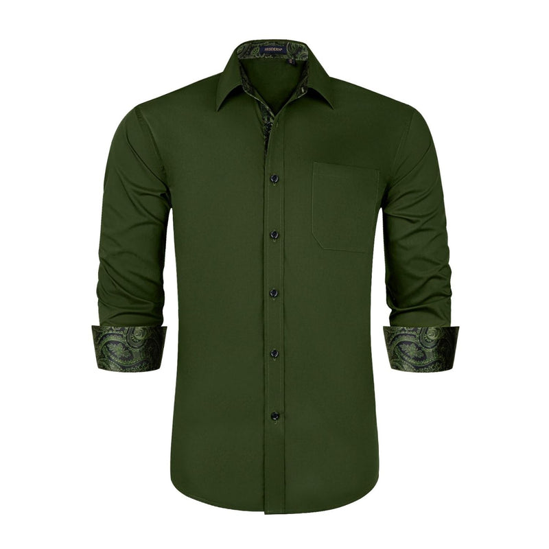 Men's Patchwork Dress Shirt with Pocket - GREEN/ARMY GREEN