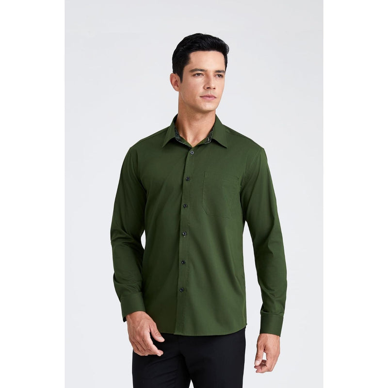 Men's Patchwork Dress Shirt with Pocket - GREEN/ARMY GREEN