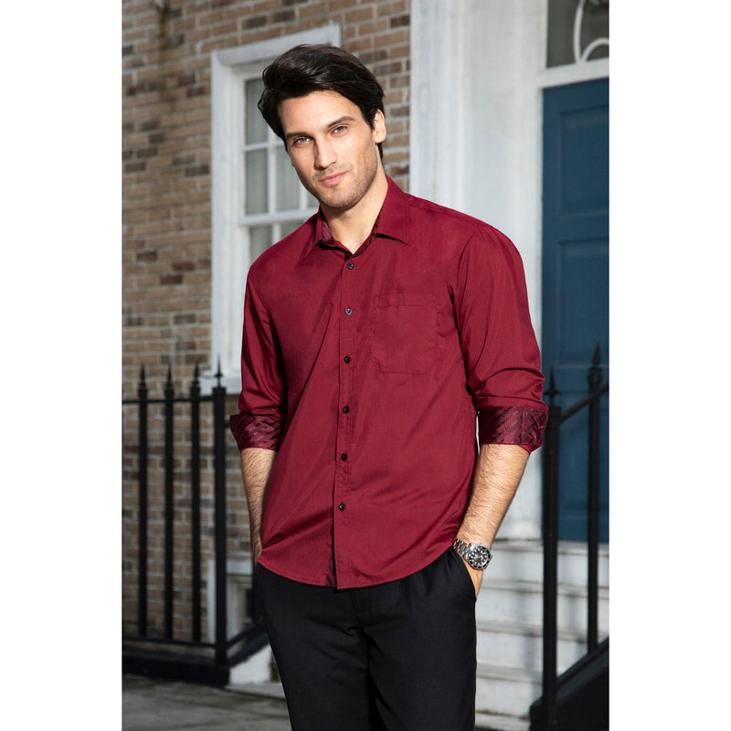Men's Dress Shirt with Pocket - BURGUNDY/STRIPED