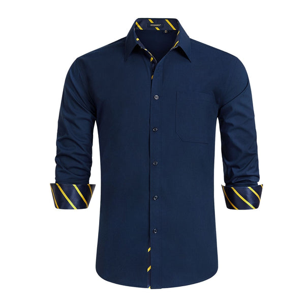 Men's Patchwork Dress Shirt with Pocket - NAVY BLUE/STRIPED