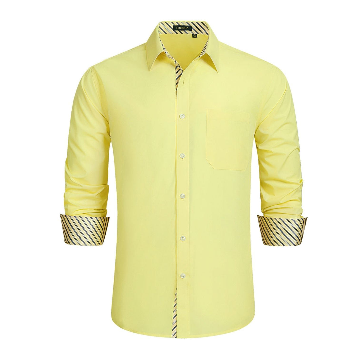 Hisdern Men's Light Yellow Striped Splicing Dress Shirt for Office Wear XL