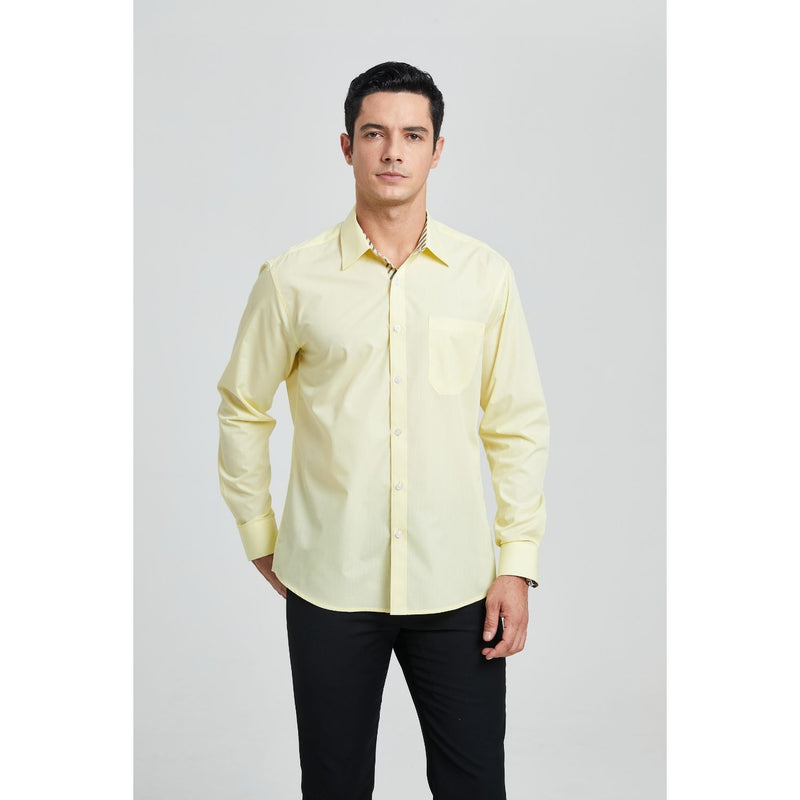 Men's Patchwork Dress Shirt with Pocket - LIGHT YELLOW/STRIPED