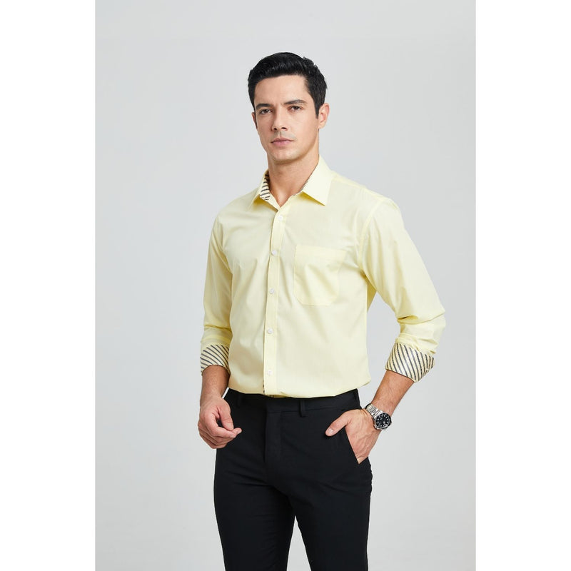 Men's Patchwork Dress Shirt with Pocket - LIGHT YELLOW/STRIPED