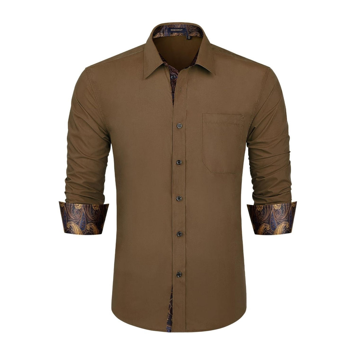 Hisdern Men's Dark Brown Splicing Dress Shirt For Office Wear 2XL