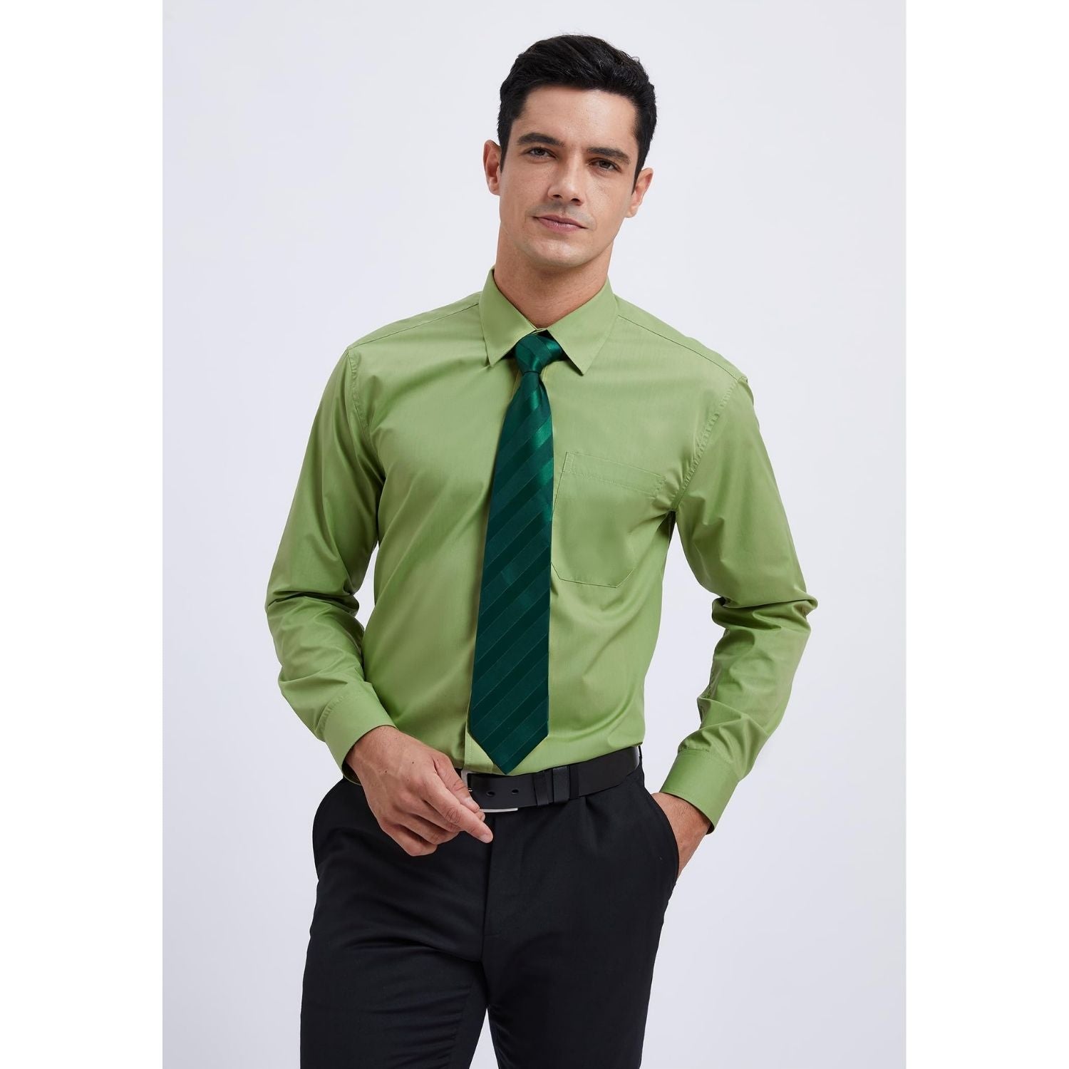 Hisdern Non-iron Green Dress Shirt and Striped Tie