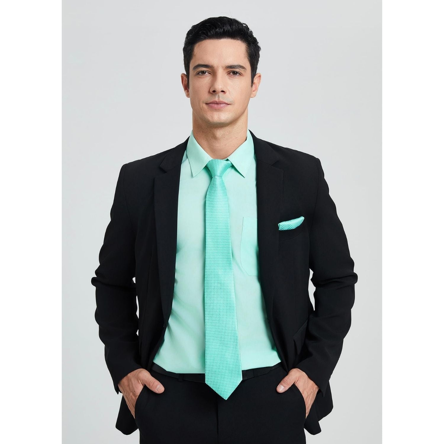 Hisdern Wrinkle-resistant Mint Green Dress Shirt and Matching Houndstooth Tie