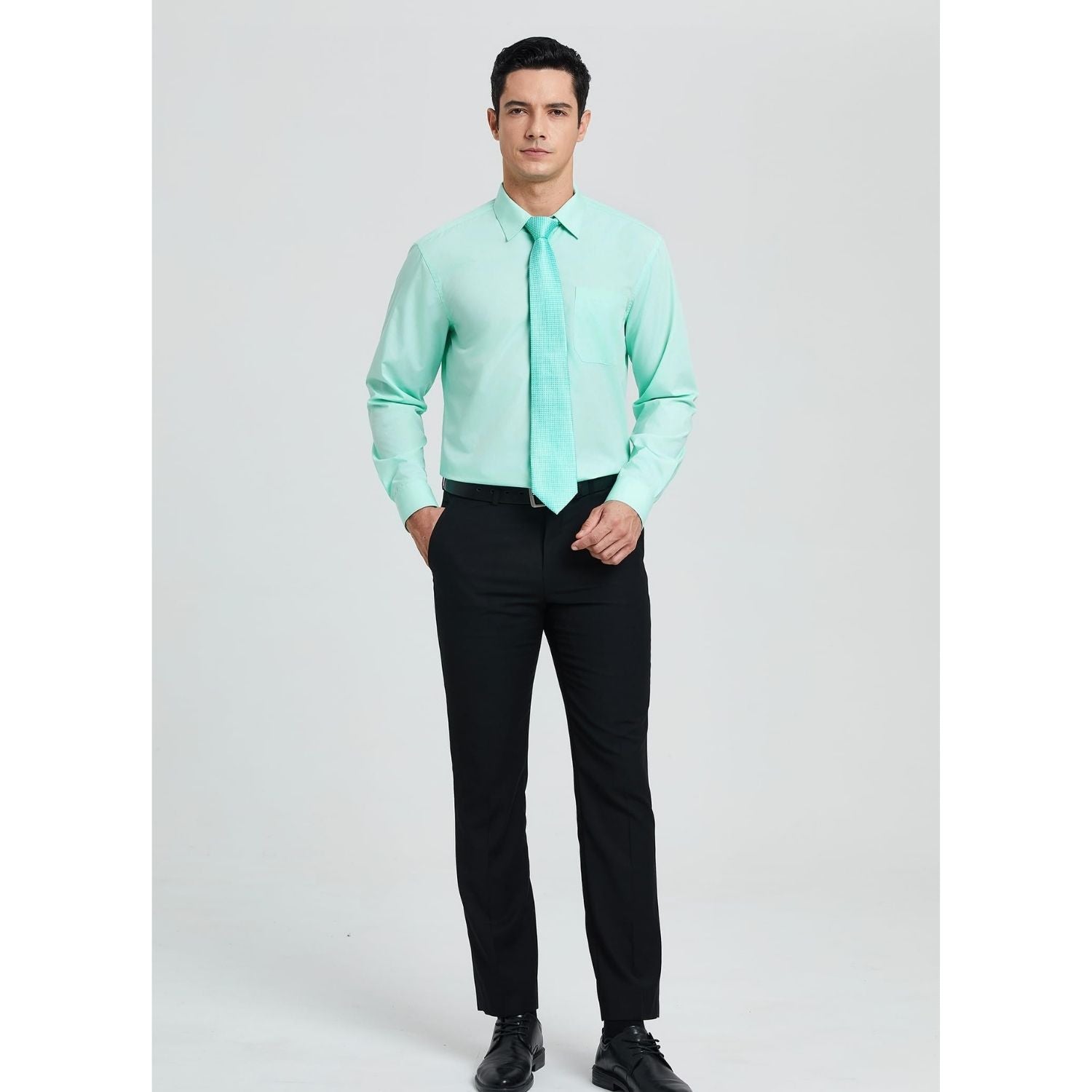 Hisdern Wrinkle-resistant Mint Green Dress Shirt and Matching Houndstooth Tie