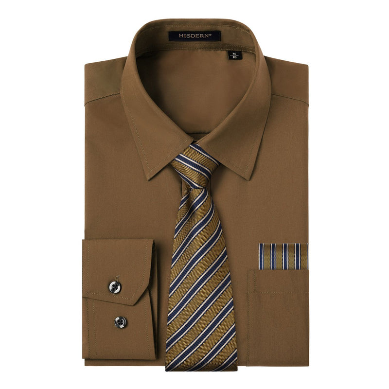 Men's Shirt with Tie Handkerchief Set - BROWN