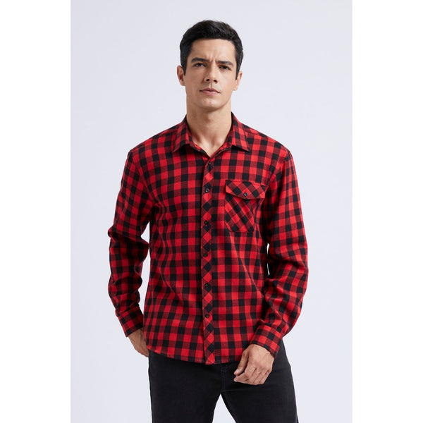 Plaid Men's Flannel Shirt With Pockets - RED2