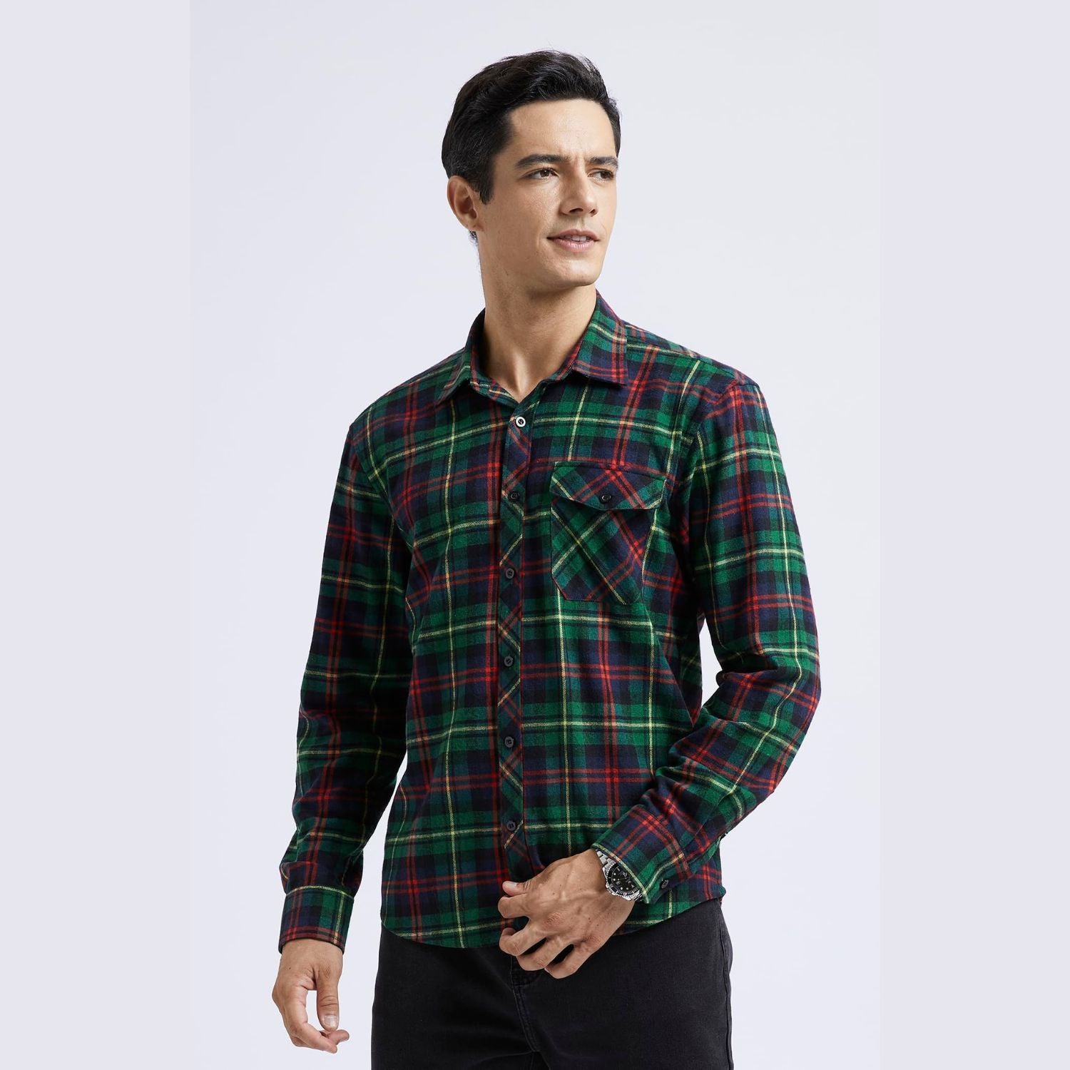 Hisdern Men's Long Sleeve Plaid Shirt Red Green Casual Button-Up