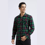 Plaided Men's Flannel Shirt With Pockets - RED/GREEN