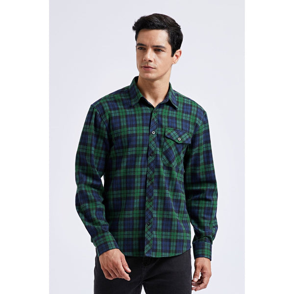 Plaid Men's Flannel Shirt With Pockets - Z-BLUE/GREEN-1