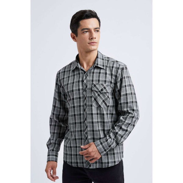 Plaid Men's Flannel Shirt With Pockets - Z-GREY BLACK