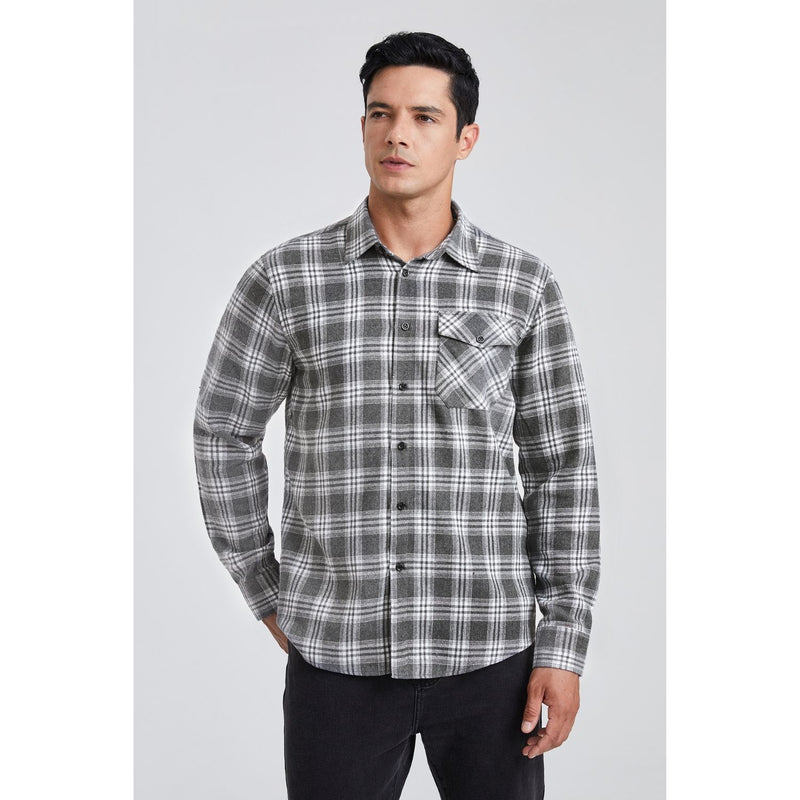 Plaid Men's Flannel Shirt With Pockets - 6A-GREY-02