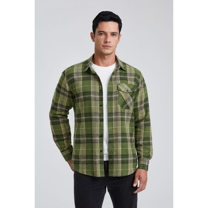 Plaid Men's Flannel Shirt With Pockets - 5AG-ARMY GREEN-02