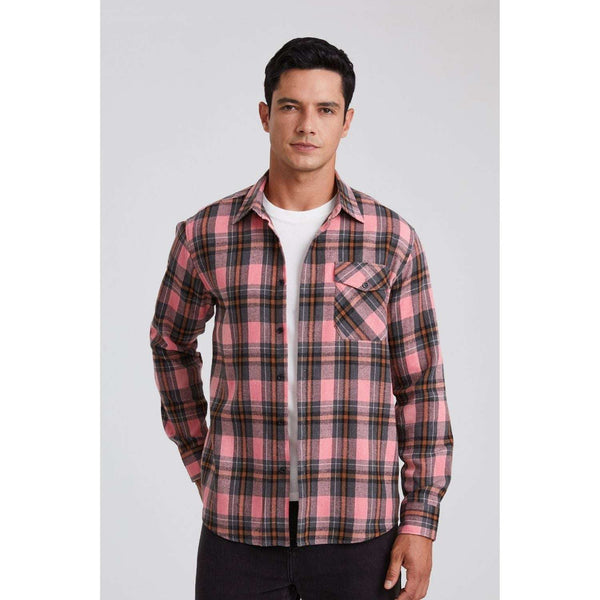 Plaid Men's Flannel Shirt With Pockets - 4P-PINK