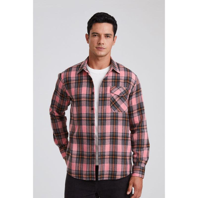 Plaid Men's Flannel Shirt With Pockets - 4P-PINK