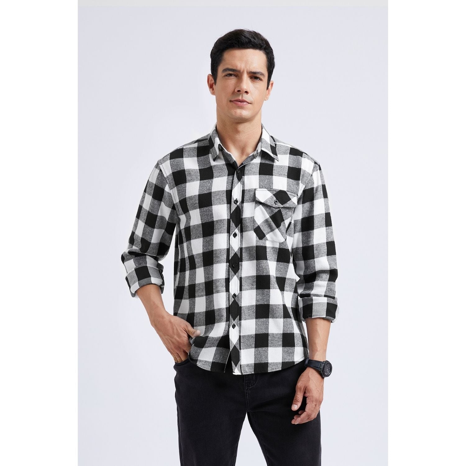 Hisdern Men's Casual Warm Plaid Flannel Shirt Black White With Pocket