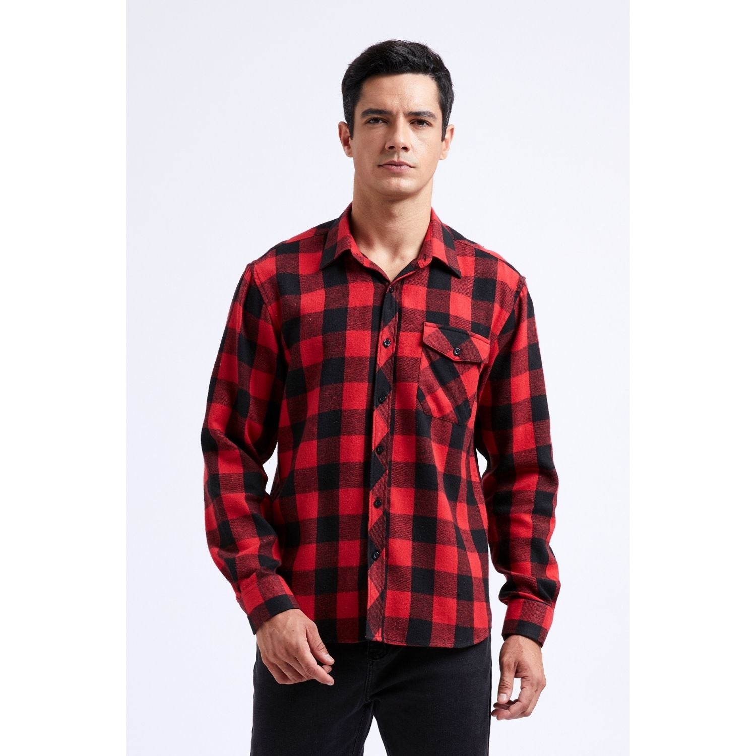 Hisdern Men's Casual Warm Plaid Flannel Shirt Red With Pocket