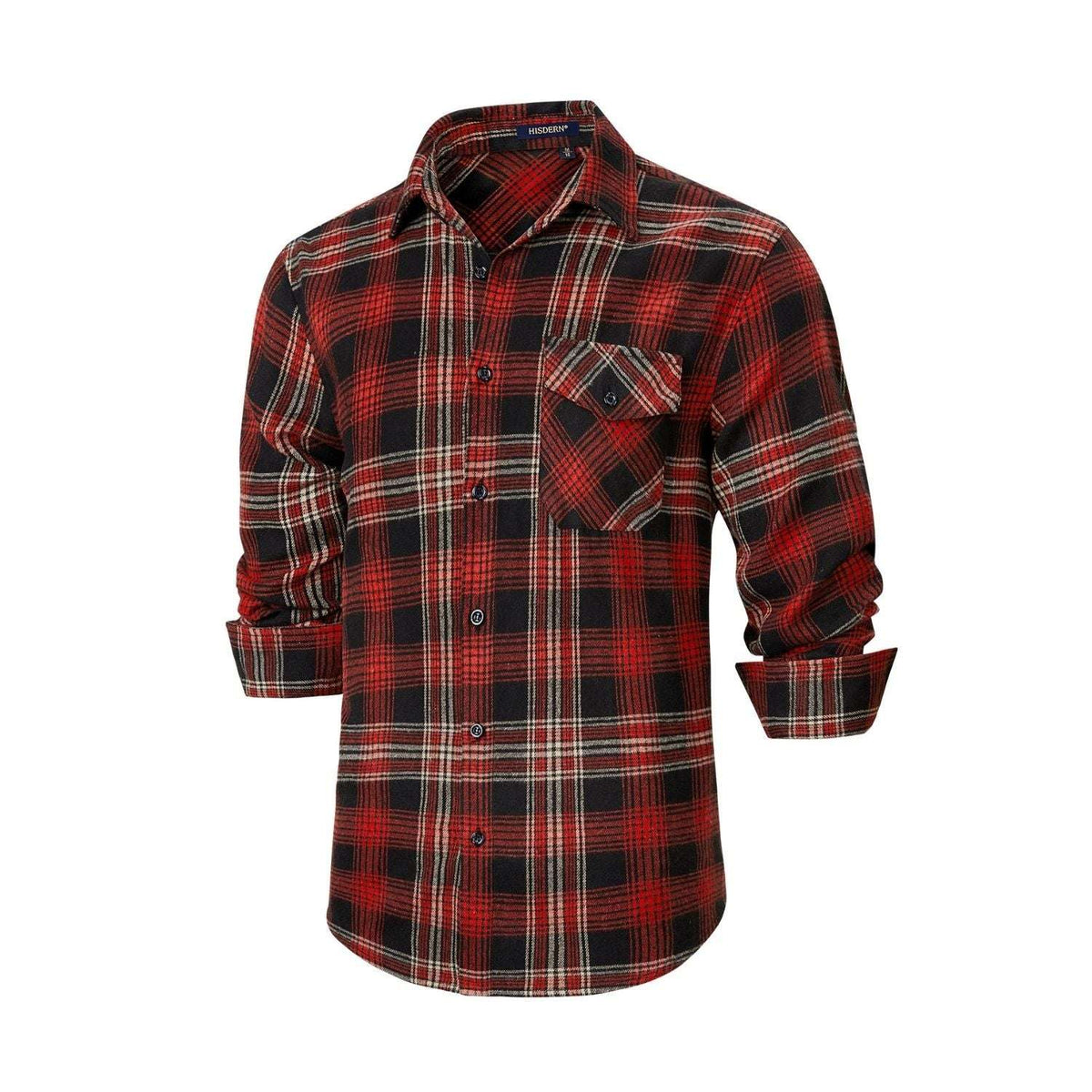 Hisdern Men's Casual Warm Plaid Flannel Shirt Black Burgundy With Pocket 2XL