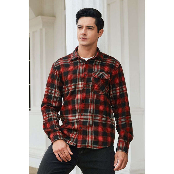 Plaid Mens Flannel Shirt With Pockets - 5E-BLACK/BURGUNDY-05