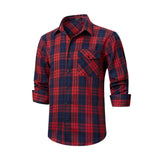 Plaid Men's Flannel Shirt With Pockets - 7G-RED/NAVY BLUE-07