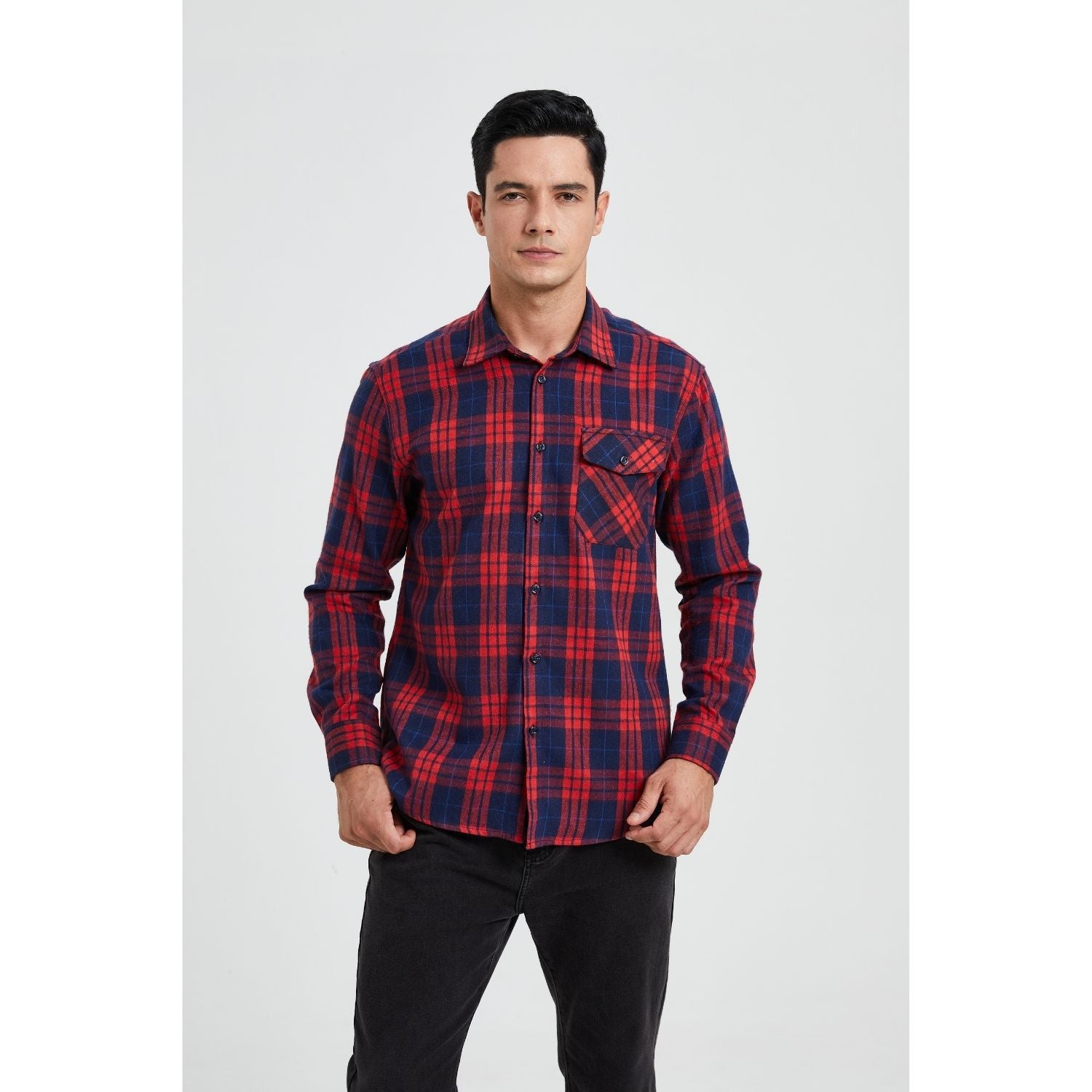 Hisdern Men's Casual Warm Plaid Flannel Shirt Red Navy With Pocket