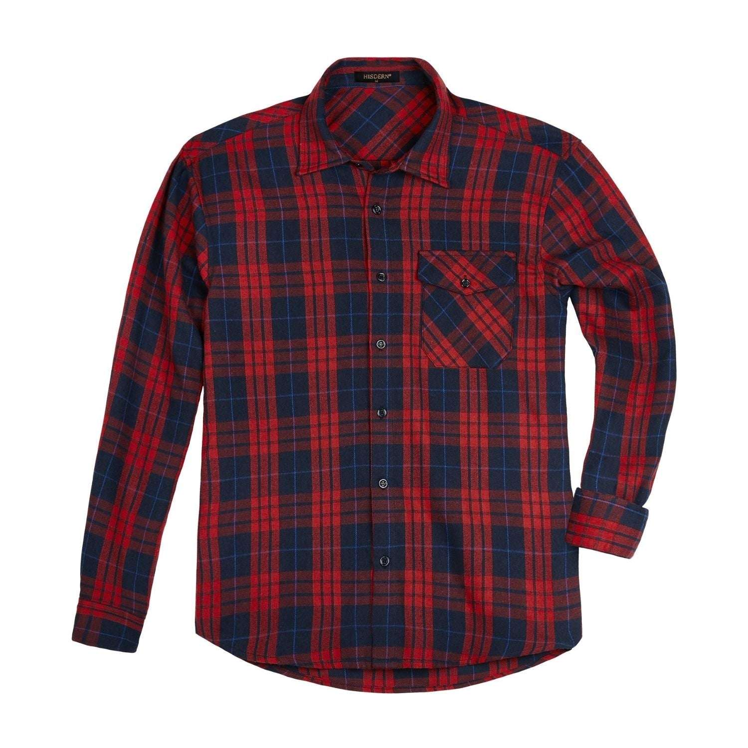 Hisdern Men's Casual Warm Plaid Flannel Shirt Red Navy With Pocket