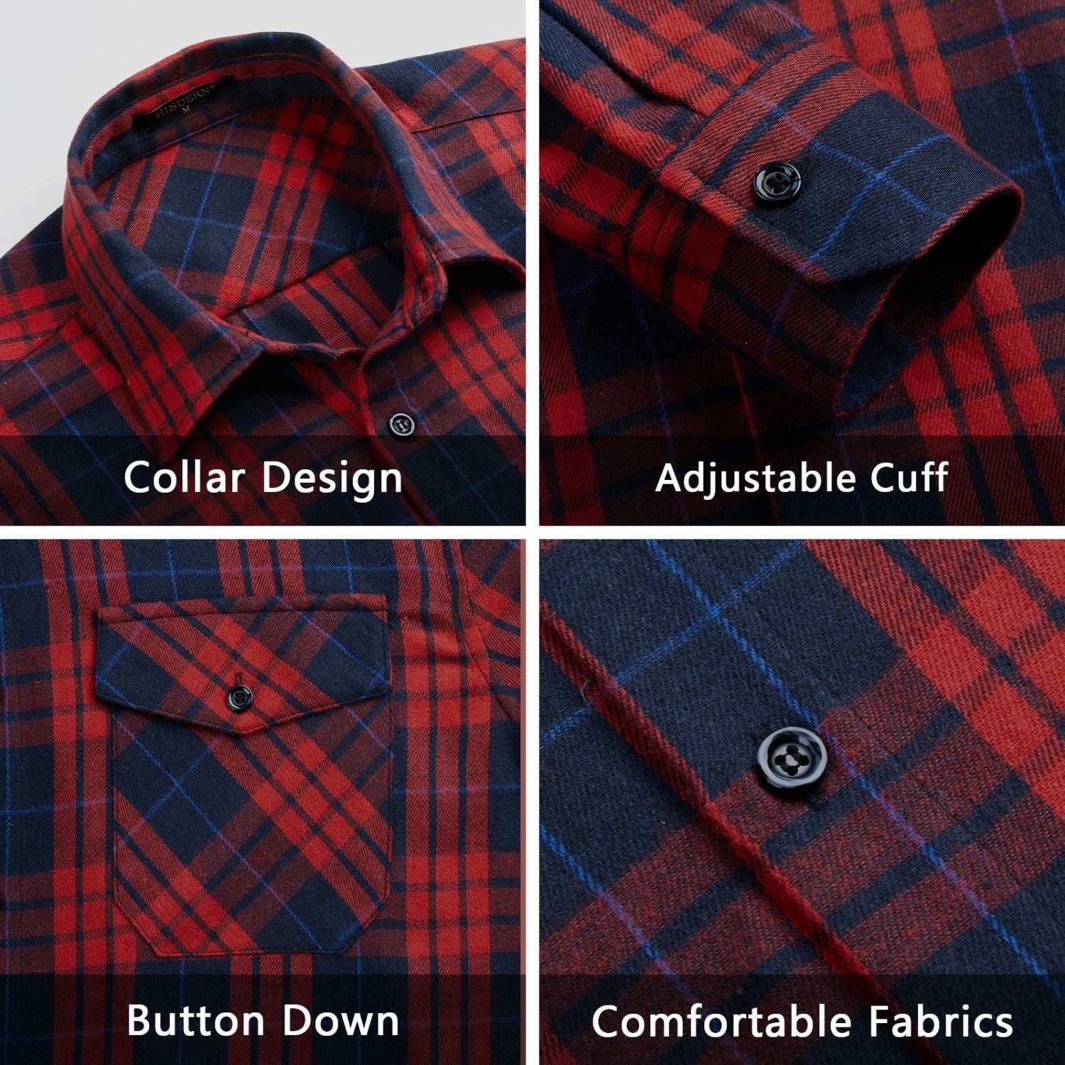 Hisdern Men's Casual Warm Plaid Flannel Shirt Red Navy With Pocket