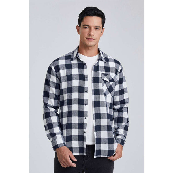 Plaid Men's Flannel Shirt With Pockets - 4N-NAVY BLUE-03